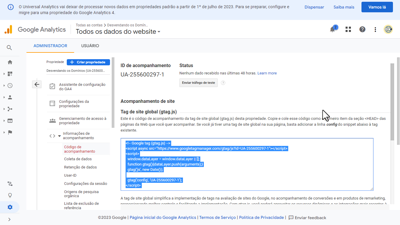 Google Analytics em 2023 - Código da Propriedade do UA a ser Inserido no HTML