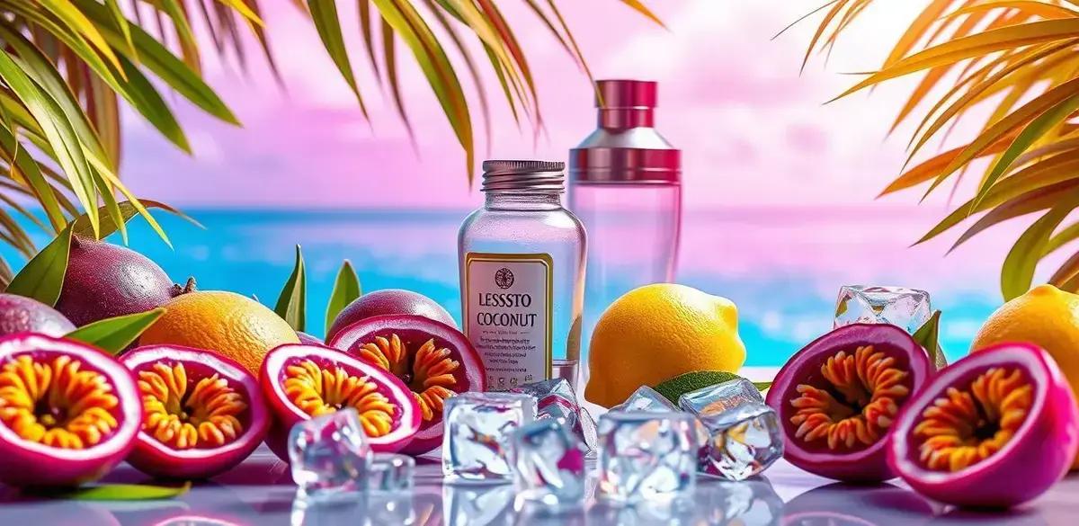Ingredientes para o coquetel exótico com maracujá e licor de coco Ingredientes para o coquetel exótico com maracujá e licor de coco