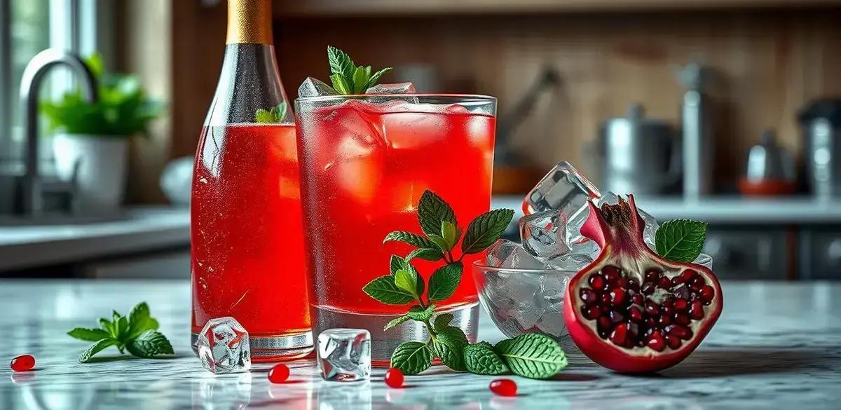 Ingredientes da receita com champagne, suco de romã e hortelã Ingredientes da receita com champagne, suco de romã e hortelã