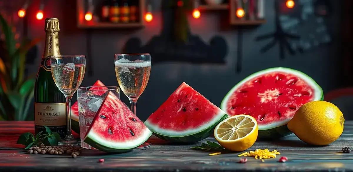 Ingredientes para Champagne com suco de melancia e raspas de limão siciliano Ingredientes para Champagne com suco de melancia e raspas de limão siciliano