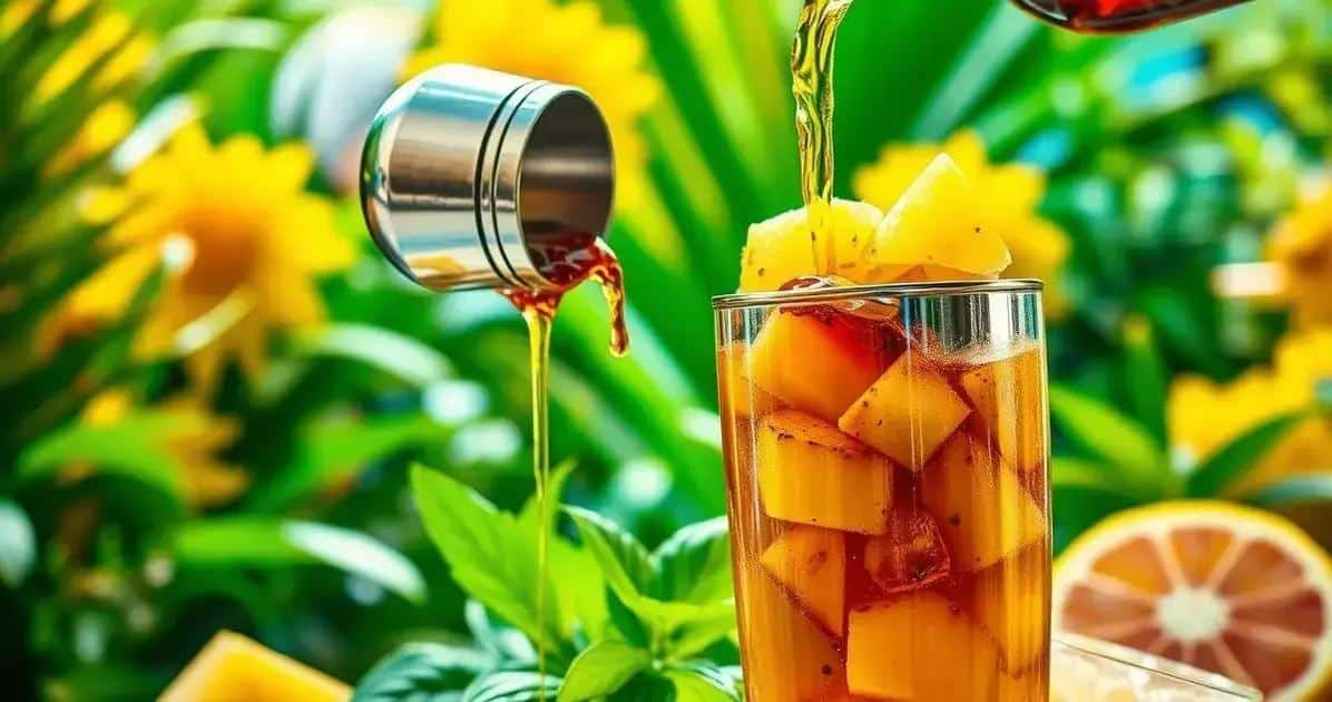 Misturando os ingredientes: conhaque, abacaxi e manjericão