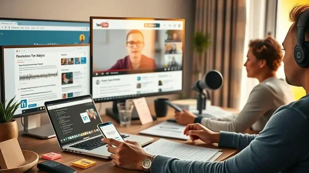 Presença em plataformas: blog, LinkedIn, YouTube e podcast Presença em plataformas: blog, LinkedIn, YouTube e podcast